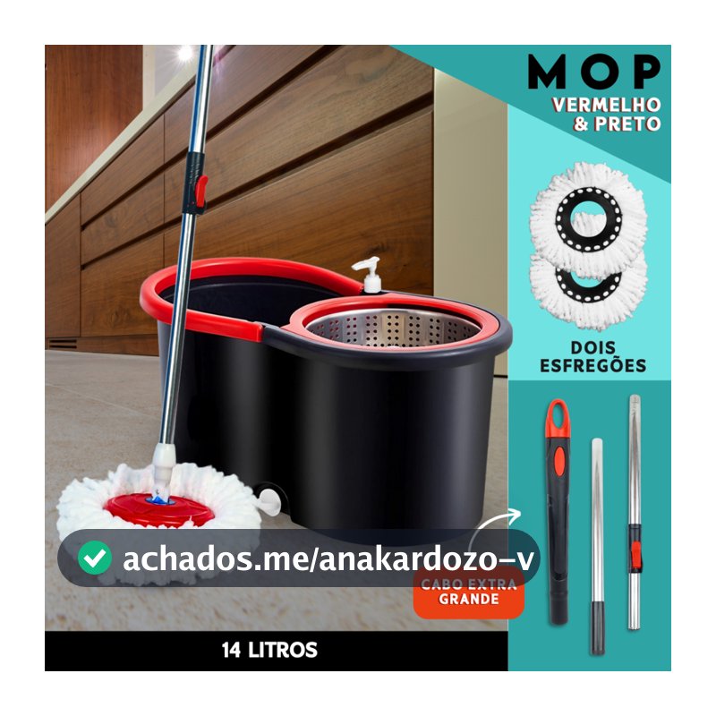 Mop Giratório C/ cabo de 140 cm + 2 Refis Balde Centrífuga Cesto Em Inox Com Rodinhas - SHEFA