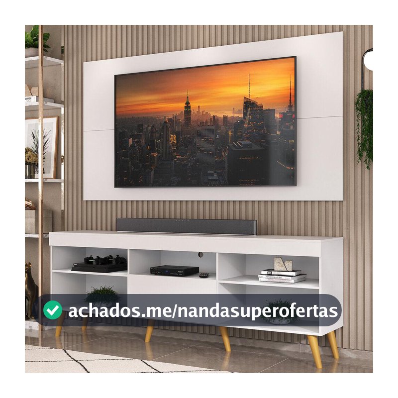 Rack com Painel TV 50" 55" 60" 65" Retrô Flórida Up Multimóveis MP1042 Branco/Natural