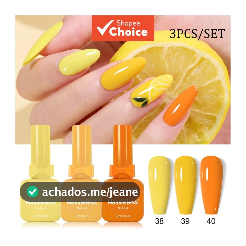 Conjunto de Esmaltes em Gel sem Complicação com 3 Peças em Tons Amarelos e Laranjas Vibrantes, Amarelo Limão, Amarelo