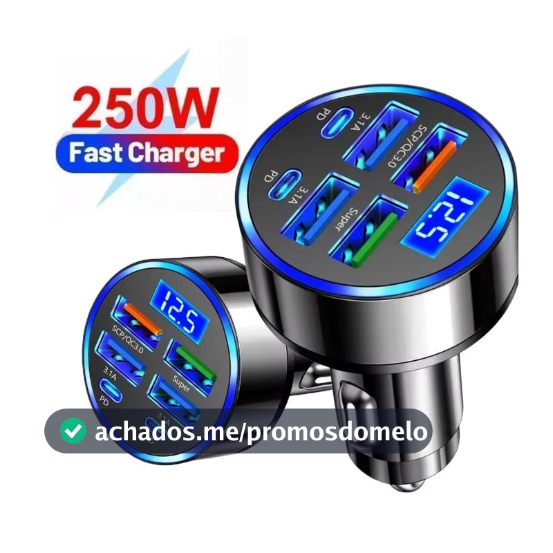 Adaptador de Carro de Carregamento Rápido 6 em 1 3.1A Display Digital Duplo Tipo C para Smartphones, Tablets e Power