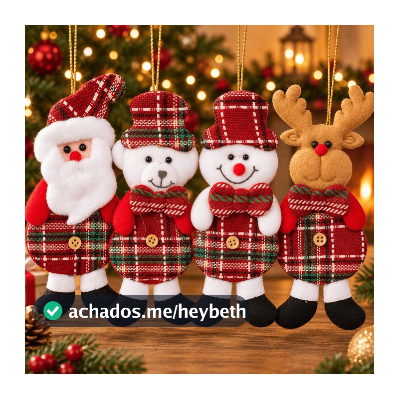 Kit 12 Enfeites Natalinos de Pelúcia 13cm  para Árvore de Natal Papai Noel Alce Urso Boneco de Neve