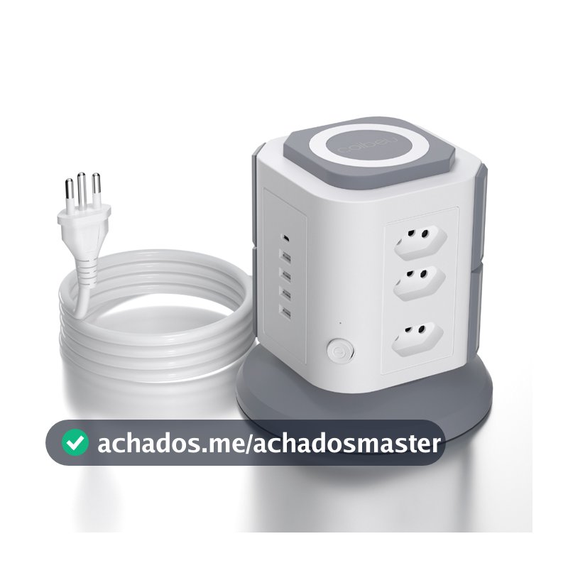 Multiplug Torre Vertical 9 Tomadas Padrão Brasil USB Tipo C, Extensão 2m Proteção Sobrecarga 2200W