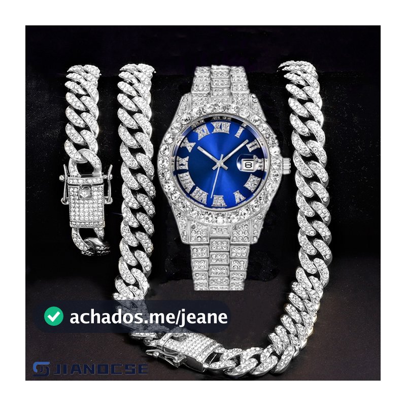Novo Colar Cravejado Iced RelóGio Masculino Ice Colar Kit Hip Hop Prata Pulseira Cubano Corrente Masculina Bling JóIas