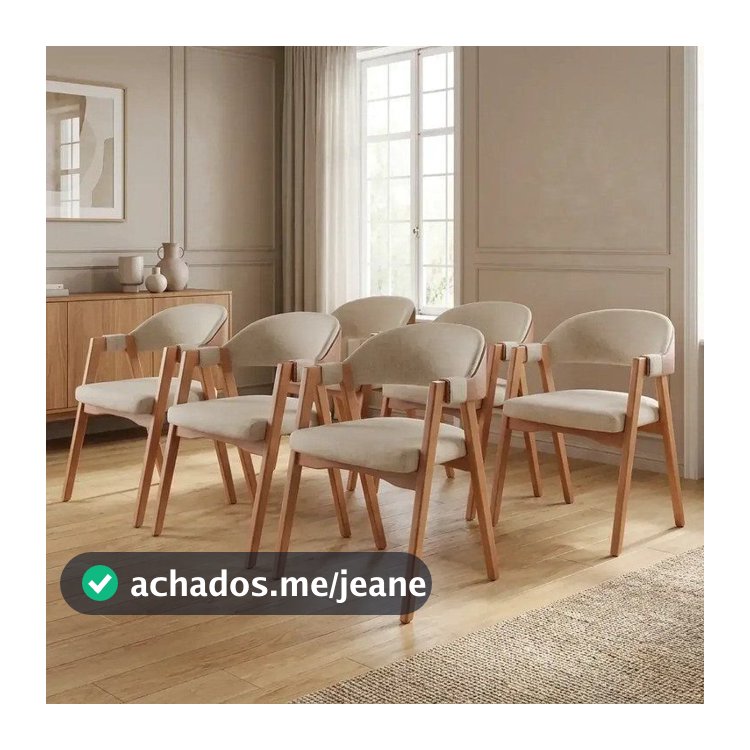 Kit 6 Cadeiras Sala de Jantar Estofadas com Braços Linho Madeira Gaia Yescasa Bege Linho Bege