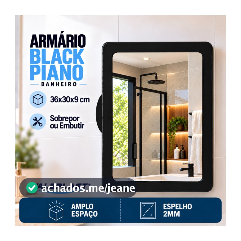 Armário Banheiro Plástico Espelheira Espelho Vidro 2mm I Sobrepor ou Embutir Bucha Vidro Moldura Preto Black Piano