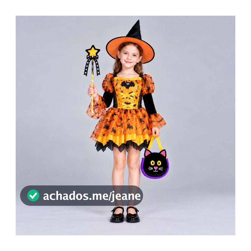 Fantasia Infantil de Bruxinha Laranja e Preta com Chapéu