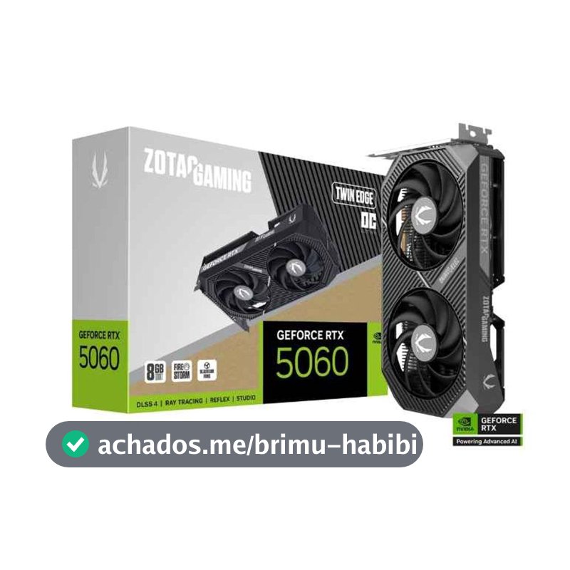 Placa de Vídeo NVIDIA GeForce ZOTAC Gaming RTX5060 8GB Twin Edge OC GDDR7 128BITS ZT-B50600H-10M