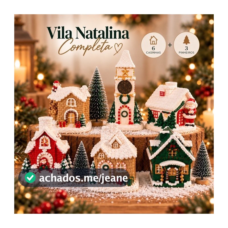 Vila Natalina Completa com 5 Casinhas + Torre do Relógio + 3 Pinheiros | Kit Decoração de Natal 9 Peças