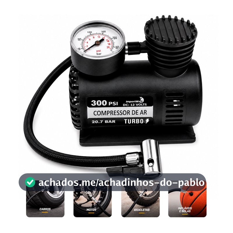 Mini Compressor Ar Automotivo Turbo 12v 300 Psi Para Pneu Carro Moto Bicicleta Colchão Bola Infláveis Com 2,80m Cabo