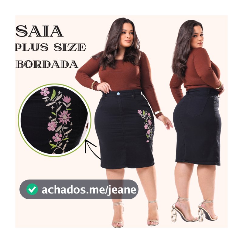 Saia Plus Size Evangelica Na Cor Preta do 46 ao 54 Jeans Com Laycra e Bordado Com Flores Em Tons Em Rosa E Verde