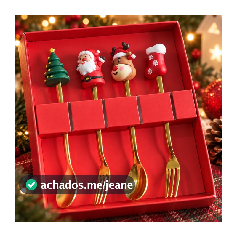 Kit Talheres Natalinos Dourados Colher Garfo Sobremesa Papai Noel Rena Árvore Bota Natal Mesa Posta