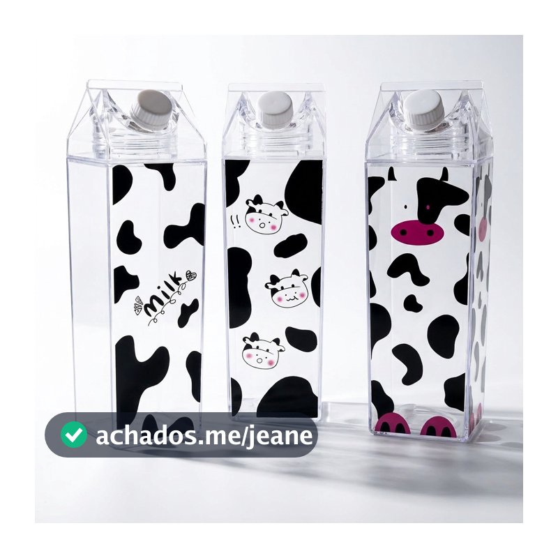 Garrafa Leite 1000ml Estilo Caixa Milk com Tampa Rosca Portátil Reutilizável Transparente Estampa Vaca