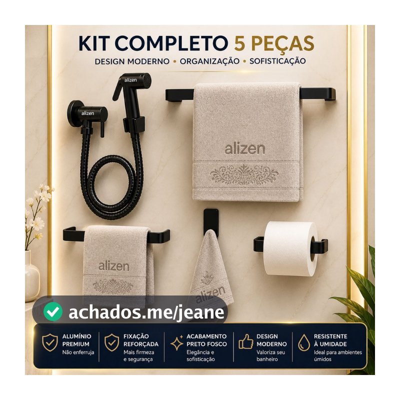 Kit Banheiro Preto Acessórios Ducha Higiênica Porta Toalhas Suporte Papel Higiênico Preto Fosco