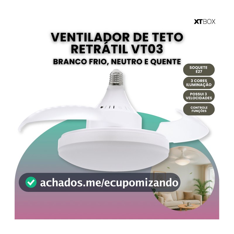 Ventilador de Teto Retrátil Controle Remoto com Luz Led Ajustável Silencioso Moderno VT03