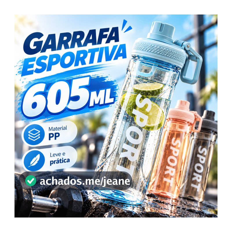 Garrafa de Água Esportiva 605ml PP com Tampa Flip e Alça Portátil para Academia e Dia a Dia