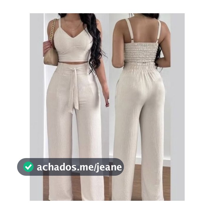 Conjunto Feminino Duna Areia Calça Pantalona e Cropped com Bojo Alça Regulável Alfaiataria