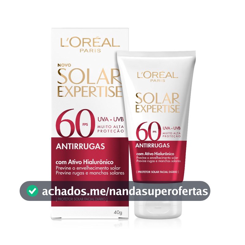 Protetor Solar Facial FPS 60 com Hialurônico, Antirrugas, Toque Seco, Solar Expertise Antirrugas L'Oréal Paris 40g