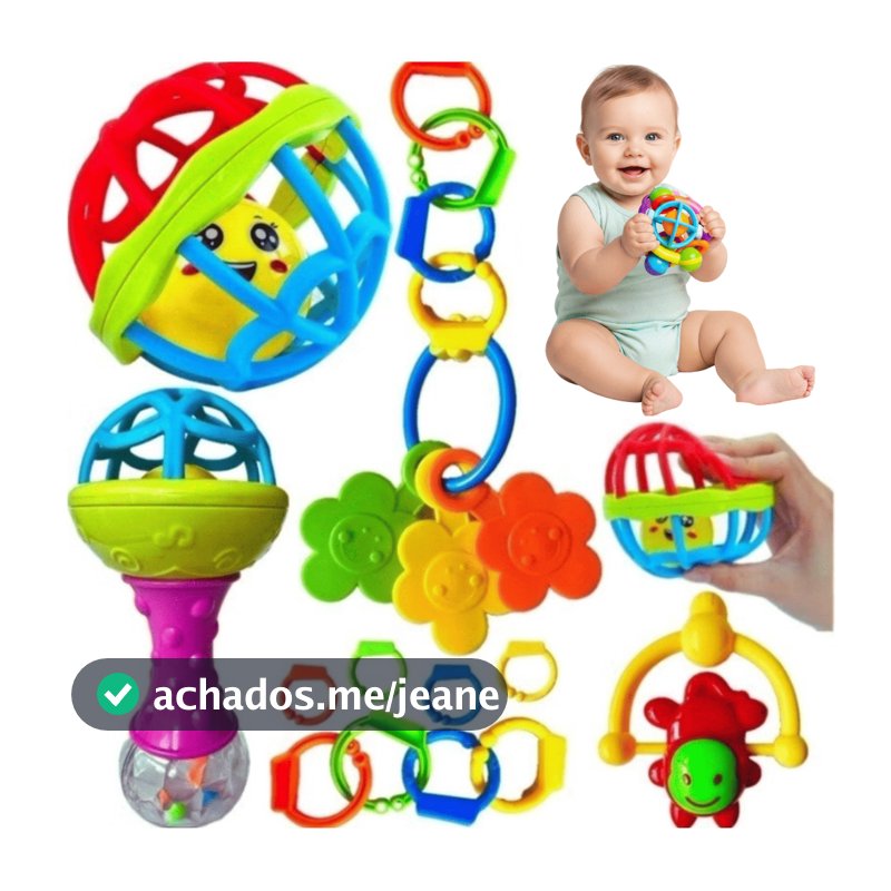 Kit Chocalho 8 Peças Mordedor Bebê Brinquedo Sensorial Macio Presente Para Menina e Menino Móbile para Berço