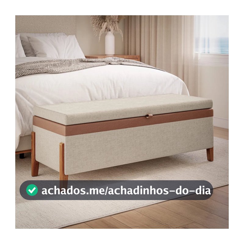 Recamier Atenas 120cm Puff Baú Linho Bege Casal Organizador Moderno Sapateira Confortável Quarto