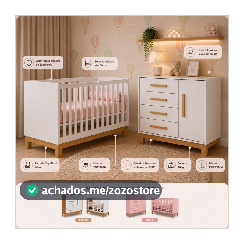 Quarto Bebe Infantil Q Encanto Berço Vira Cama e Comoda Sapateira 1 Porta 4 Gavetas Slim Qmovi