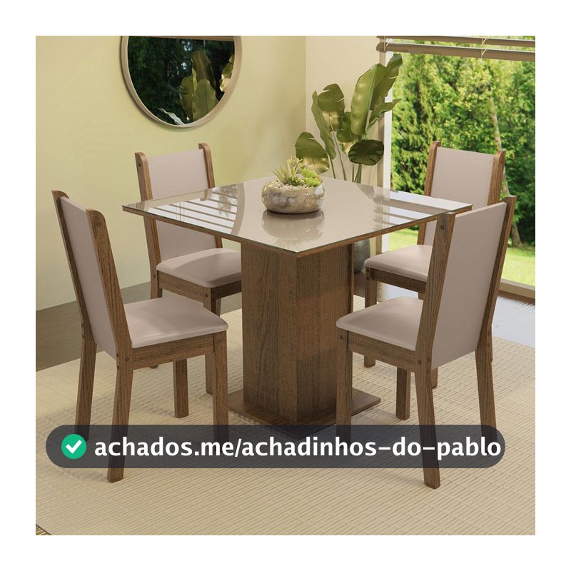 Conjunto Sala de Jantar Mesa Tampo de Vidro 4 Cadeiras Rustic/Crema/Bege Tifani Madesa