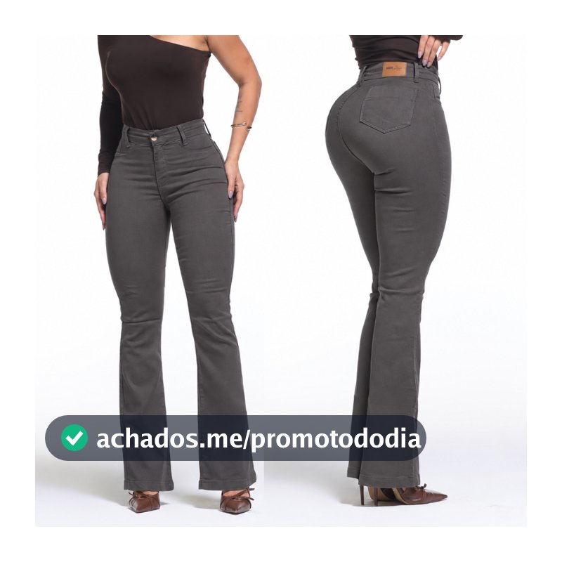 Calça Feminina Flare Pantalona Cinza grafite Escuro Jeans Premium Empina Bumbum Boca de Sino Cos Alto Com Elastano