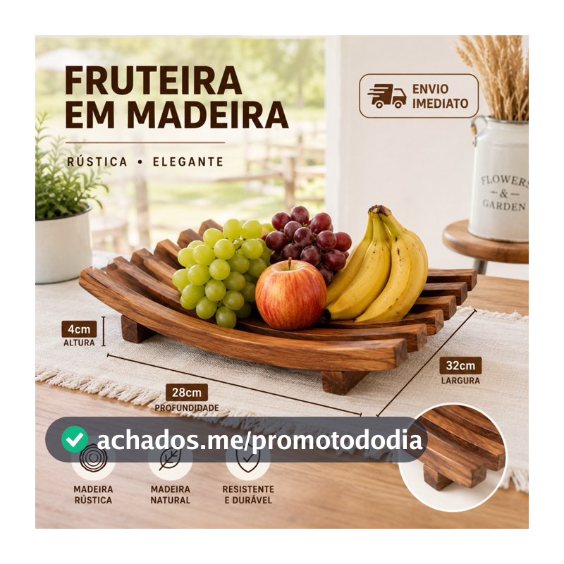 Fruteira De Madeira Rústica 32x28 Centro de Mesa Madeira Pinos Cesta de Frutas ou Porta Pratos