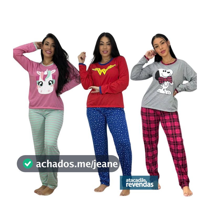 Pijama Feminino Adulto Longo Manga Comprida e Calça Estampado Malha Macia Inverno Conjunto P M G GG LN012