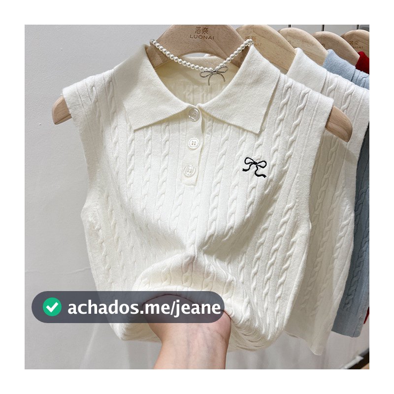 Camisola de malha bordada feminina elegante sem mangas Top bege