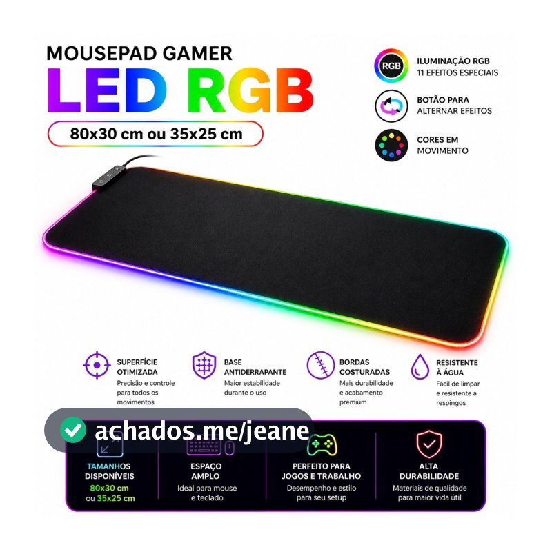 Mouse Pad Gamer LED RGB 80x30 Grande Iluminado 11 Modos Efeitos Antiderrapante Setup Gamer