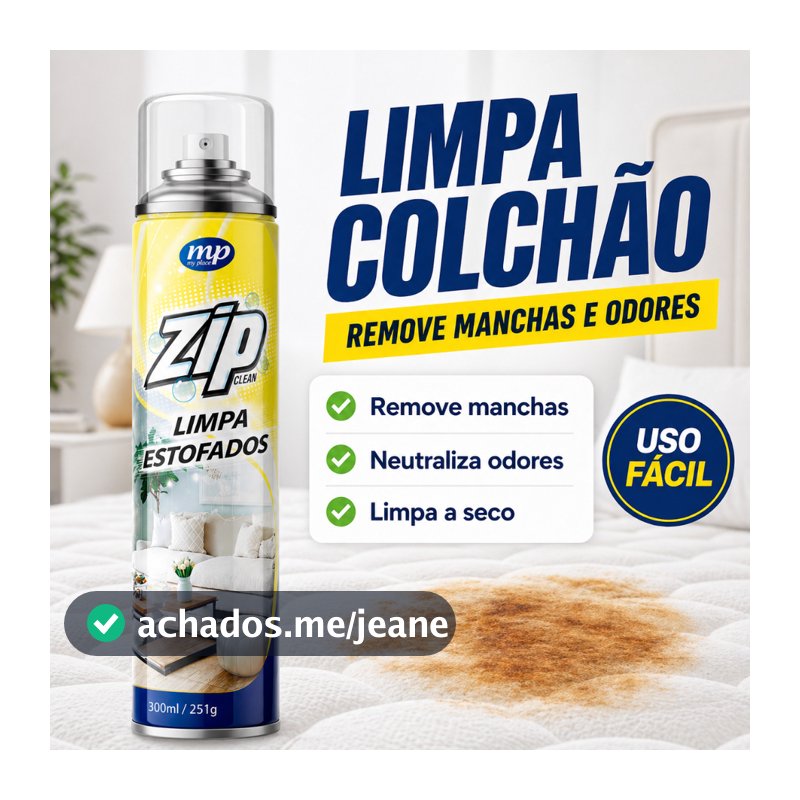Limpa Estofado Colchão Sofá Zip Clean 300ml Espuma a Seco Remove Manchas Odor Tapete Sem Molhar