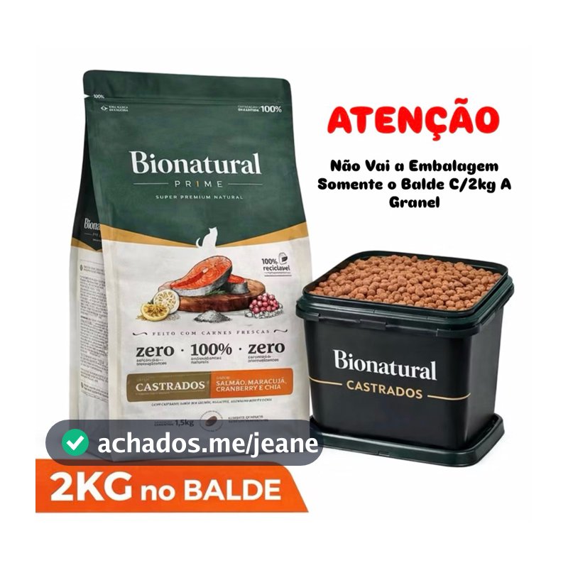 Ração Bionatural Prime Super Premium Gatos Castrados  Salmao  2Kg A Granel no Balde