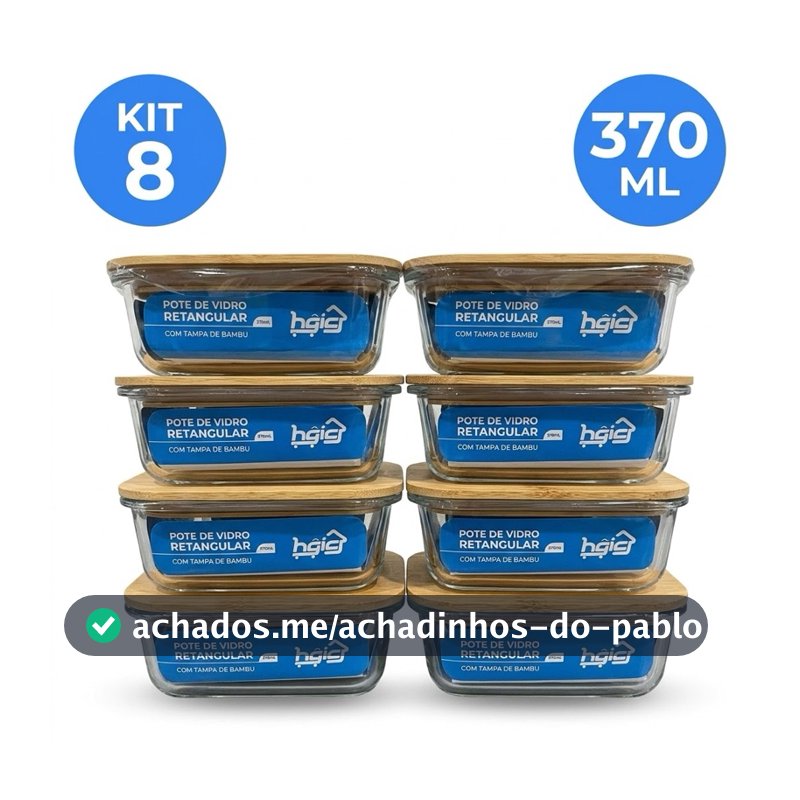 Kit 8 Potes de Vidro Herméticos 370ml Tampa de Bambu Retangular Marmita Forno Micro-ondas Freezer