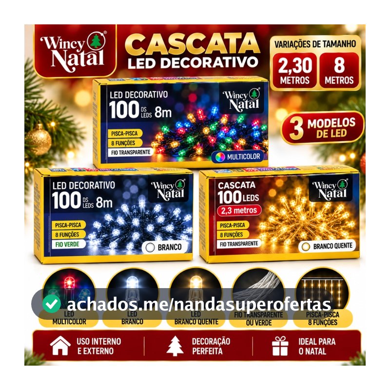 Cascata 100 Led's Decoração Natal Festas 8m Fixo 127v/220v