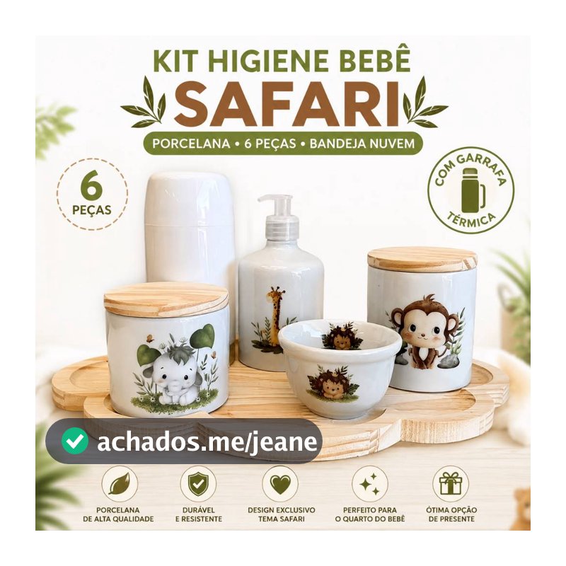 Kit Higiene Bebê Safari Porcelana com Garrafa Tpermica 6 Peças
