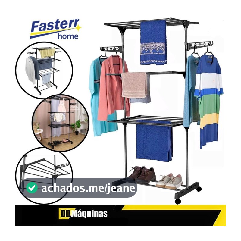 Varal de Chão em Aço Vertical Dobrável 3 Andares Preto - Fasterr