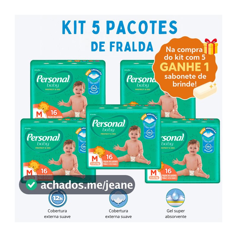 Kit Fralda Descartável Infantil Personal Baby 5 Pacotes Proteção Conforto Bebê + 1 Sabonete