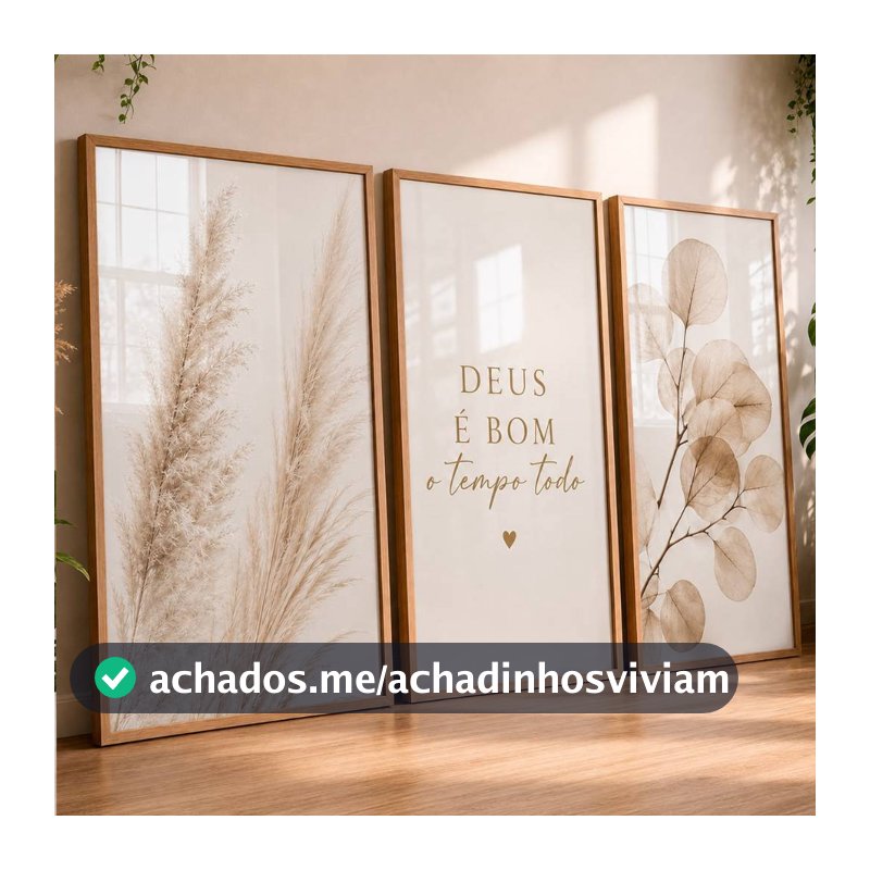 Quadros Decorativos 3 Peças Deus é Bom Floral Fé Cristão Religioso Para Sala Quarto Hall