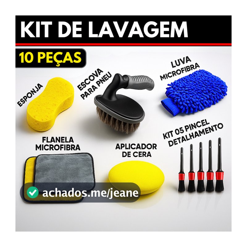 Kit 10 Peças Lavagem Automotiva Esponja + Escova de Pneu + Flanela + Aplicador de Cera + Luva Microfibra + Kit Pincel