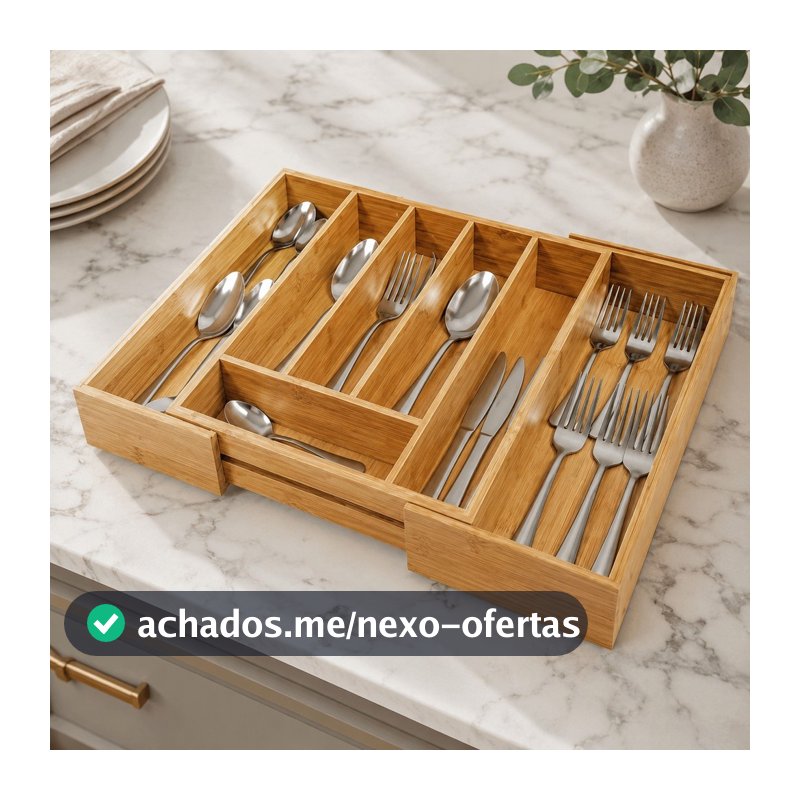 Porta Talheres Extensível Organizador de Gaveta MDF – Divisórias Ajustáveis 5 a 7 Compartimentos para Cozinha