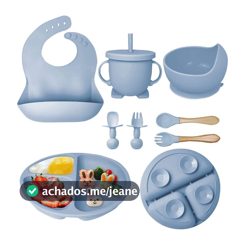 Talheres bebê silicone 8 Peças kit Talheres Infantil Com Ventosa Canudo Colher Babador Garfo Introdução Alimentar