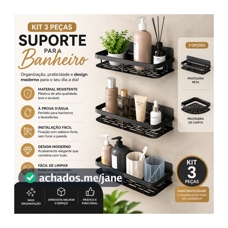 Conjunto 3 Peça Suporte de Canto e Reta Porta Shampoo Prateleira P/ Banheiro Organizador com Adesivo