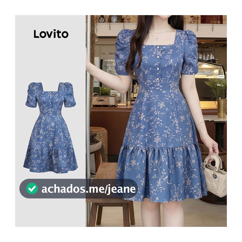 Lovito Vestido Casual com Babado Zíper Azul Primavera/verão para mulheres LK6ED154