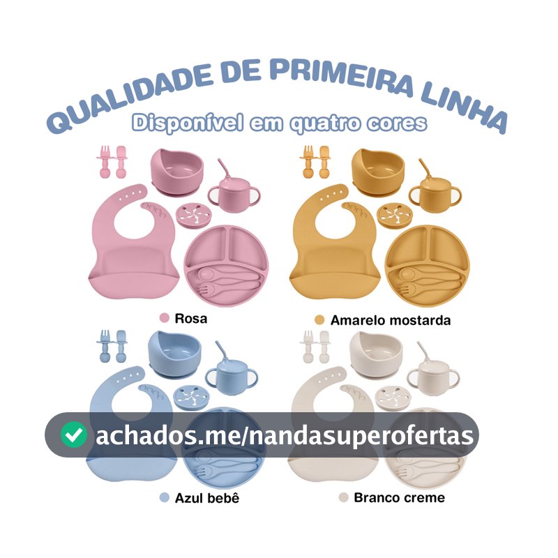 Kit de Alimentação Infantil 9 Peças em Silicone alimentício com Prato Babador Copinho e Talheres