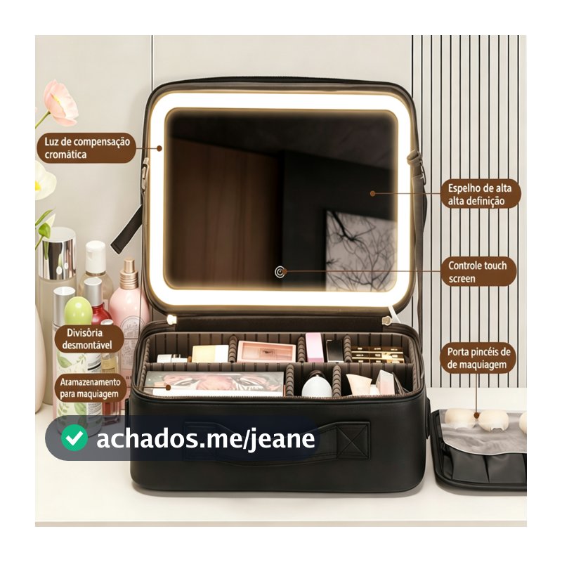Organizador Cosméticos Maleta com Espelho LED Alça de Mão Compartimentos Ajustáveis Viagem Q10