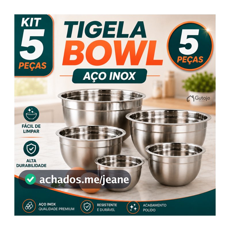 Conjunto de 5 Tigelas Empilháveis em Aço Inoxidável nos Tamanhos 14cm, 16cm, 20cm, 22cm e 24cm.