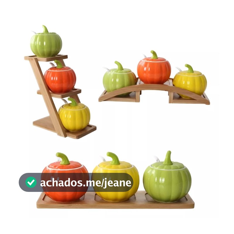 Jogo de Temperos Condimento Porcelana Suporte Bambu Abobora 4pçs