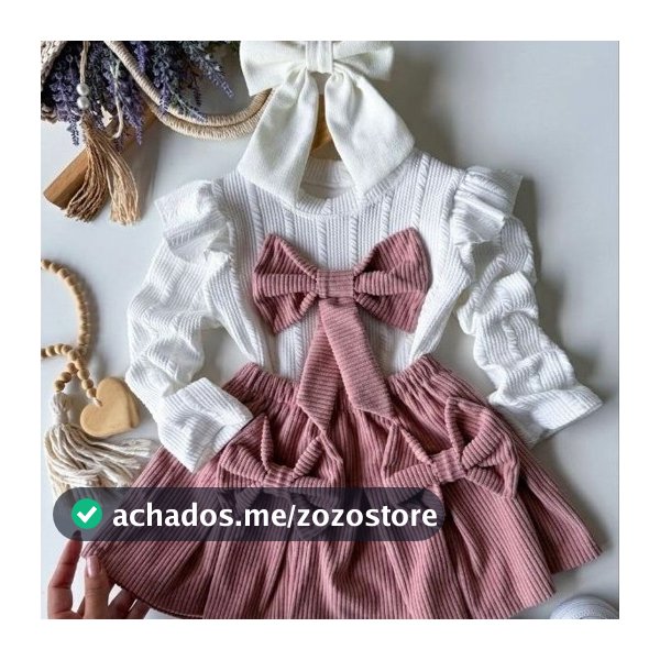 Conjunto Infantil Menina Luxo Rosa Blusa Manga Longa Saia Rodada com Laços 04 ao 08 anos