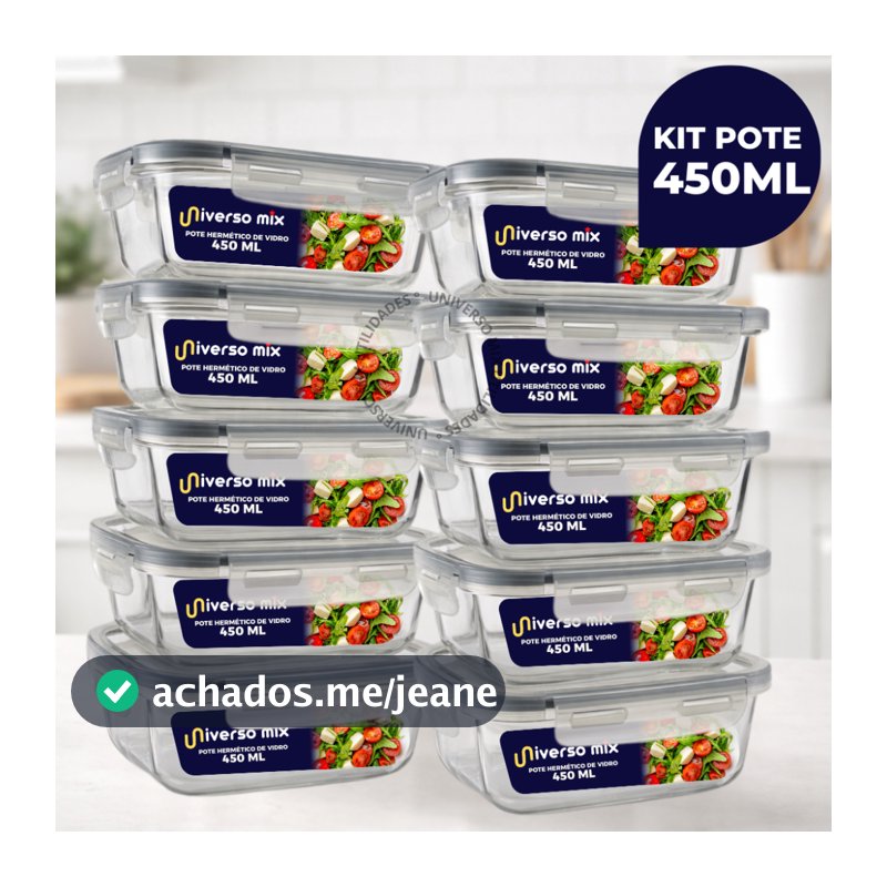 Kit 10 ou 5 Potes Vidro Hermético 450ml Retangular Mantimentos Marmita Premium