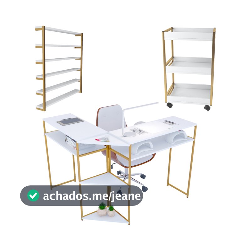 Kit Mesa Em L Industrial Para Manicure, Carrinho Auxiliar E Nicho Prateleira Expositor De Esmaltes